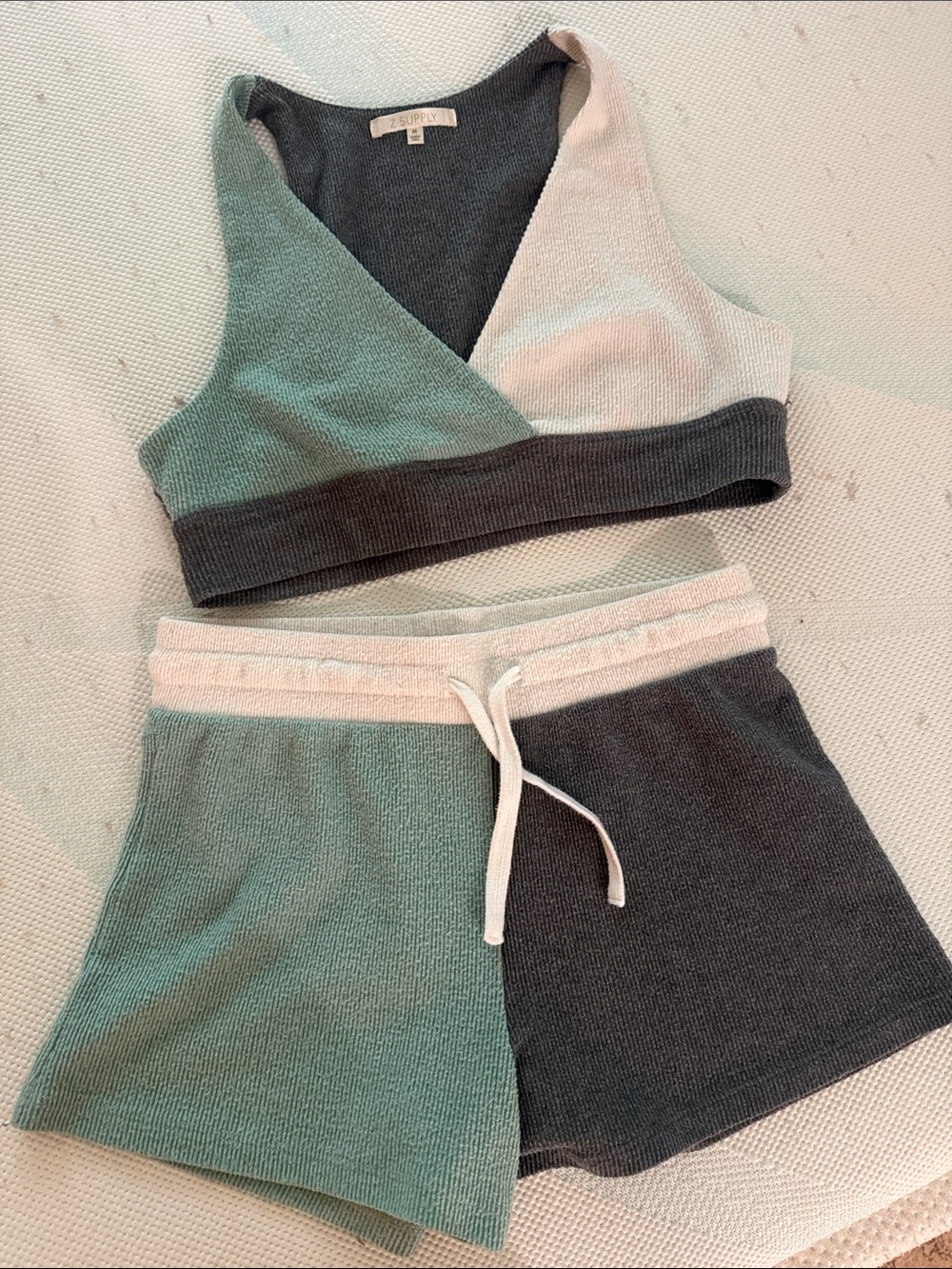 Z Supply Two-Tone Knit Shorts Set - Mint, Charcoal & Cream